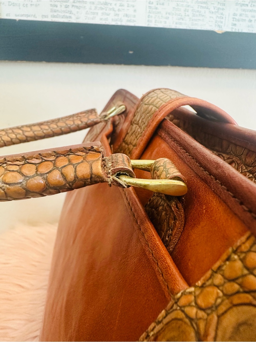 Vintage Brahmin Two-Tone Burnt Orange and Cognac Croc-Trim Satchel - Picture 15 of 16